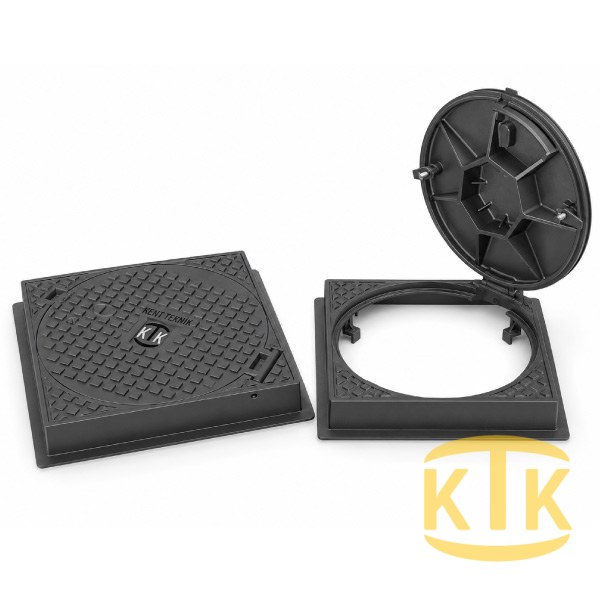 Döküm Rögar Kapağı Takımı Ø600 mm (kare çerçeve) D400 (DKT-600-D6) - Fibretech Kompozit