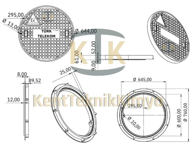 Kompozit Yuvarlak Rögar Kapağı Takımı Ø600 mm Kalın Seri D400 (KKT-600-TT1-D-D400) - Fibretech Kompozit